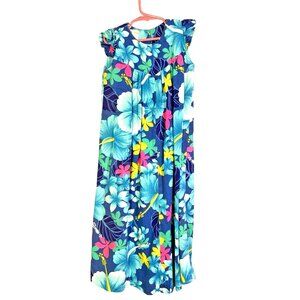 Vintage Royal Hawaiian Creations Dress Girls Blue Plumeria Frangipani Day Glo